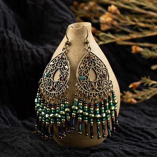 Bulk Jewelry Wholesale green alloy rice bead hollow carved tassel water drop bohemian wind earrings JDC-ES-KJ069 Wholesale factory from China YIWU China