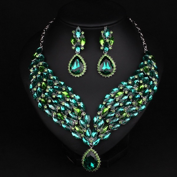 Wholesale green crystal wedding, dress earrings necklace set JDC-ST-Qianm020 Suit 千漠 Wholesale Jewelry JoyasDeChina Joyas De China