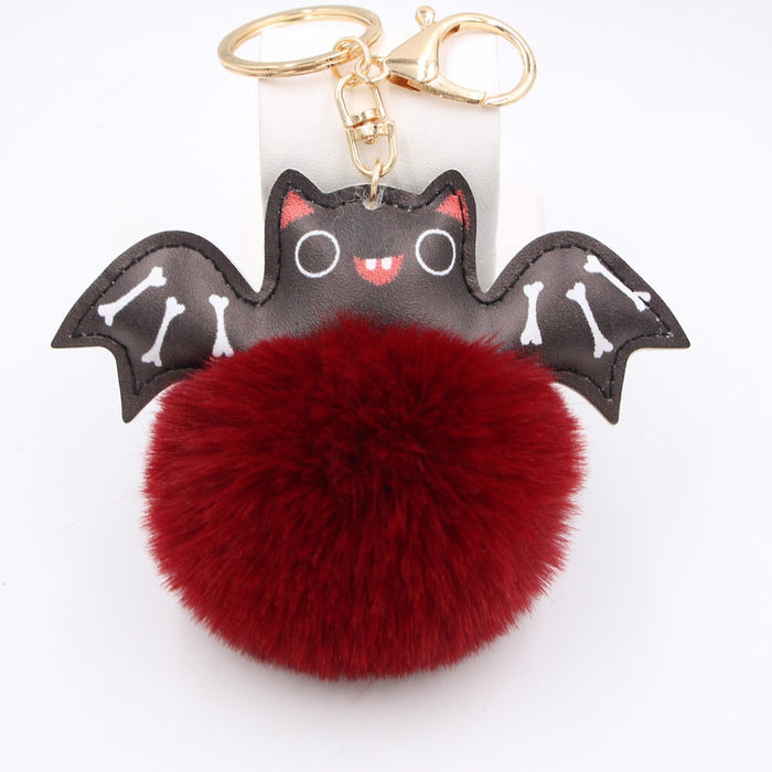 Wholesale Halloween PU Leather Imitation Hair Bat Hair Ball Keychain JDC-KC-Zuge024 Keychains 祖格 wine red Wholesale Jewelry JoyasDeChina Joyas De China