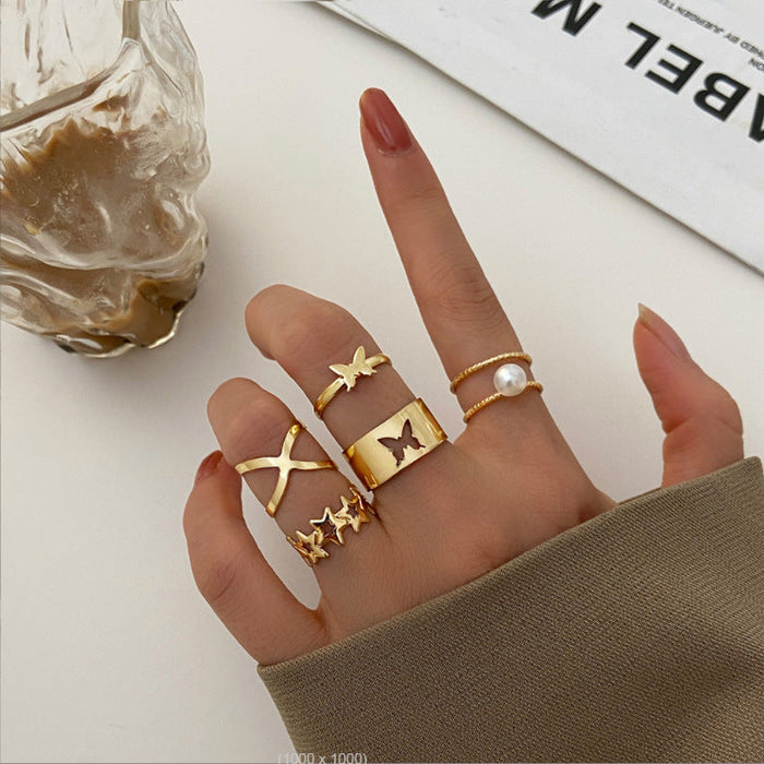 Wholesale hollowed out butterfly cross pearl ring 5 piece set JDC-RS-SF008 Rings 少峰 gold Wholesale Jewelry JoyasDeChina Joyas De China