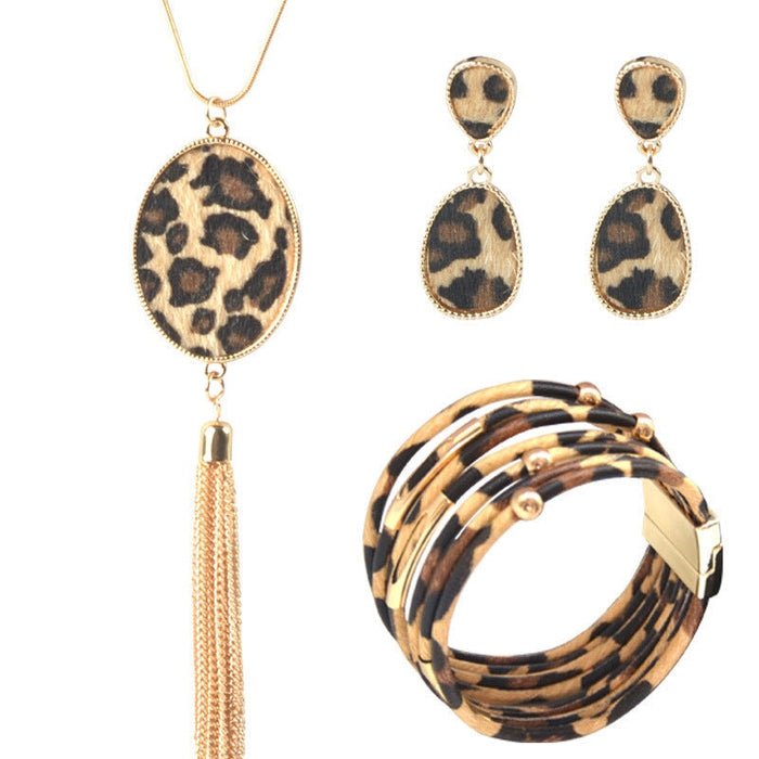 Wholesale Horsehair Leopard Fringe Necklace Long Earring Set JDC-ES-ZhanY005 Earrings 展言 8 Wholesale Jewelry JoyasDeChina Joyas De China