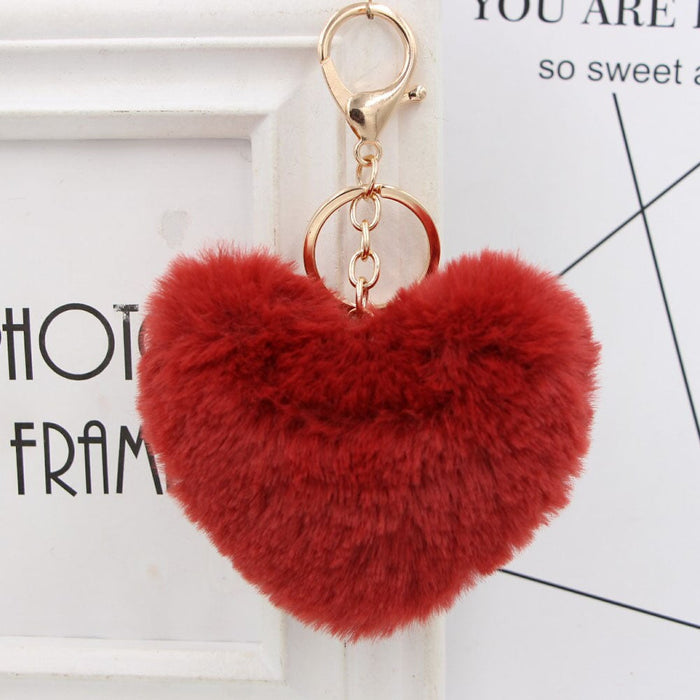 Wholesale Imitation Rex Rabbit Fur Heart Shaped Hair Ball Keychain JDC-KC-Zuge025 Keychains 祖格 wine red / Wholesale Jewelry JoyasDeChina Joyas De China