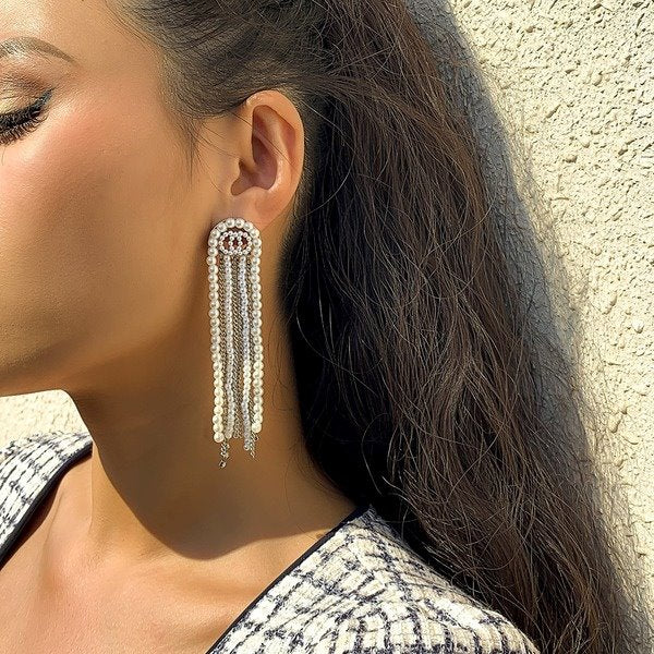 Wholesale iron chain imitation pearl alloy tassel earrings JDC-ES-DN039 Earrings 道妮 Wholesale Jewelry JoyasDeChina Joyas De China