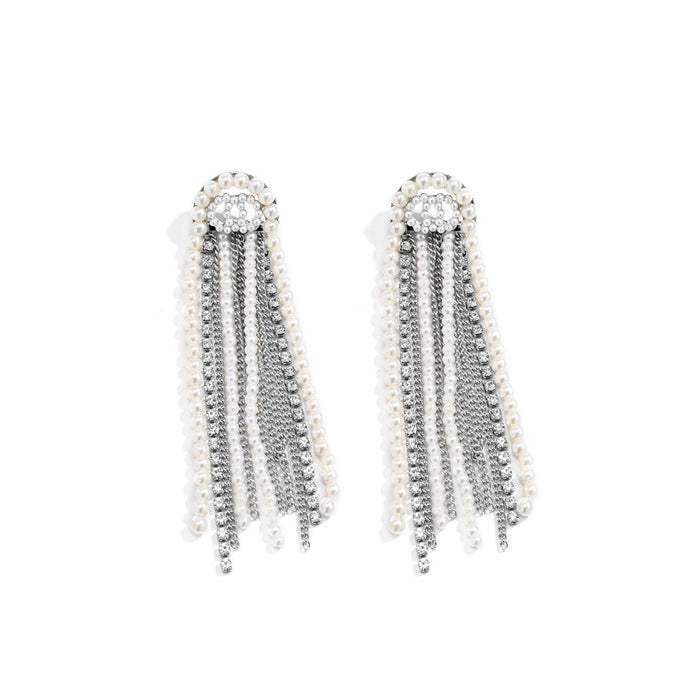 Wholesale iron chain imitation pearl alloy tassel earrings JDC-ES-DN039 Earrings 道妮 white Wholesale Jewelry JoyasDeChina Joyas De China