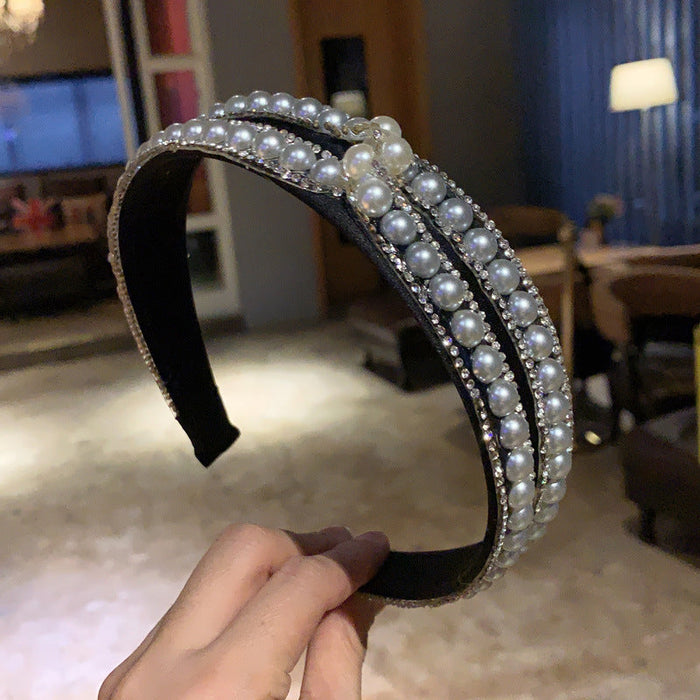 Wholesale Korean style pearl Rhinestone Headband JDC-HD-SJ087 Headband JoyasDeChina Pearl Diamond Cross Wholesale Jewelry JoyasDeChina Joyas De China