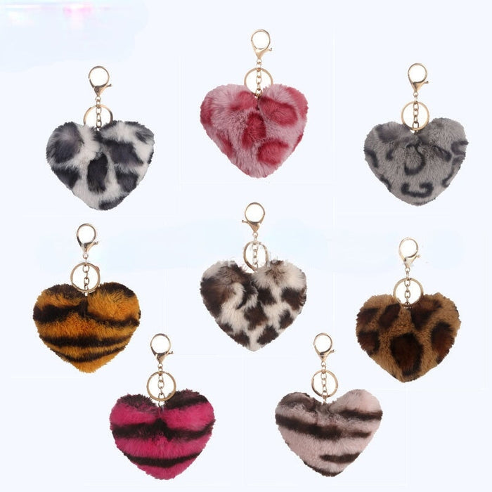 Wholesale Leopard Print Heart Plush Ball Pom Pom Keychain JDC-KC-PRY008 Keychains 彭日耀 Wholesale Jewelry JoyasDeChina Joyas De China