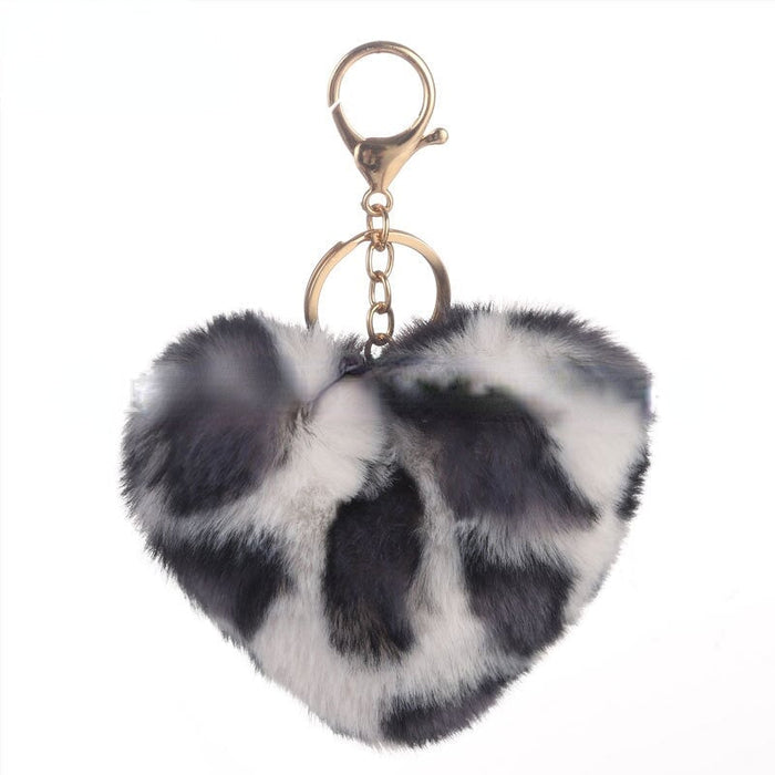 Wholesale Leopard Print Heart Plush Ball Pom Pom Keychain JDC-KC-PRY008 Keychains 彭日耀 black white heart Wholesale Jewelry JoyasDeChina Joyas De China