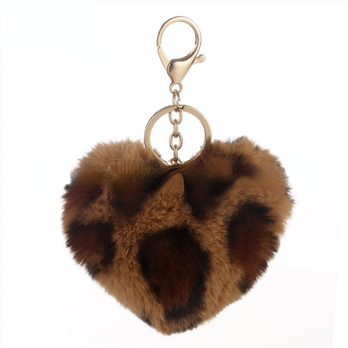 Wholesale Leopard Print Heart Plush Ball Pom Pom Keychain JDC-KC-PRY008 Keychains 彭日耀 brown heart Wholesale Jewelry JoyasDeChina Joyas De China