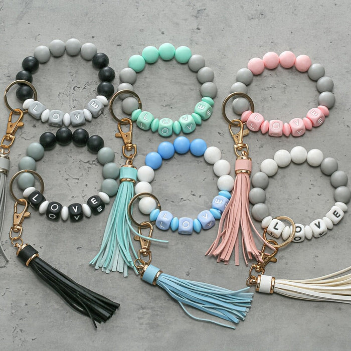 Wholesale LOVE Silicone Beaded Leather Tassel Keychain JDC-KC-HeYu001 Keychains 荷玉 Wholesale Jewelry JoyasDeChina Joyas De China