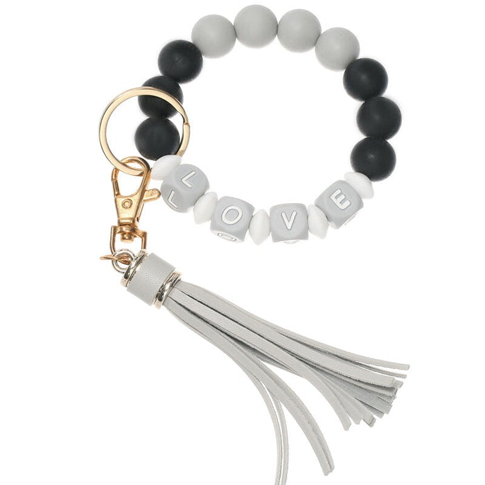 Wholesale LOVE Silicone Beaded Leather Tassel Keychain JDC-KC-HeYu001 Keychains 荷玉 grey Wholesale Jewelry JoyasDeChina Joyas De China