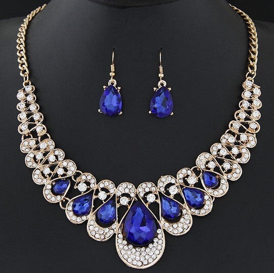 Wholesale Metal Flash Rhinestone Alloy Gemstone Necklace Earrings Set JDC-NE-Chuangj001 Necklaces 创爵 blue Wholesale Jewelry JoyasDeChina Joyas De China