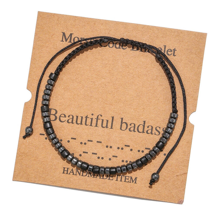 Wholesale Morse Code Black Iron Stone Beaded Braided Bracelet JDC-BT-ZhuJ002 Bracelet 诛积 Wholesale Jewelry JoyasDeChina Joyas De China