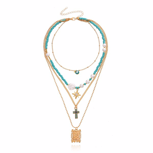Wholesale multi-layer blue beaded cross pendant alloy necklaces JDC-NE-ZW036 necklaces JoyasDeChina Wholesale Jewelry JoyasDeChina Joyas De China