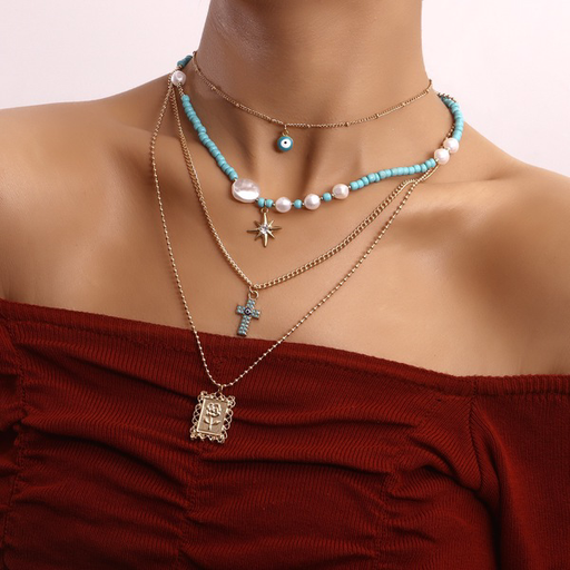 Wholesale multi-layer blue beaded cross pendant alloy necklaces JDC-NE-ZW036 necklaces JoyasDeChina Wholesale Jewelry JoyasDeChina Joyas De China