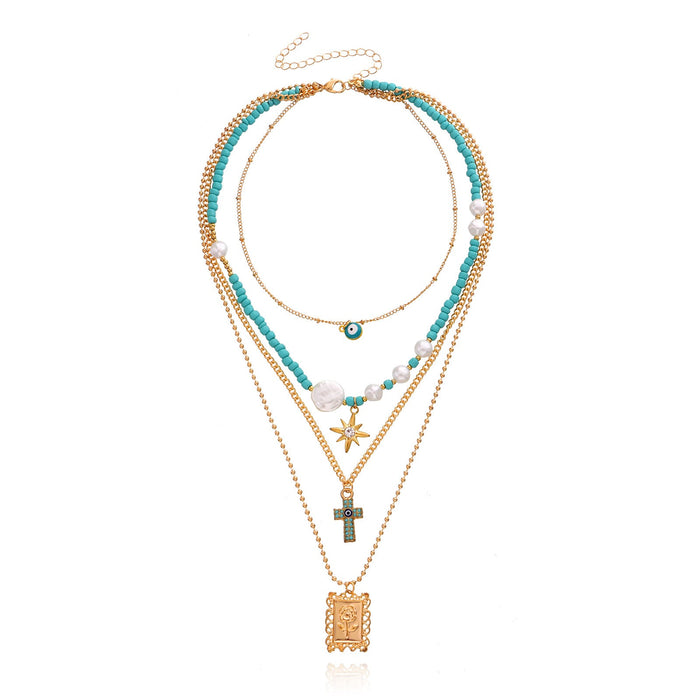 Wholesale multi-layer blue beaded cross pendant alloy necklaces JDC-NE-ZW036 necklaces JoyasDeChina gold Wholesale Jewelry JoyasDeChina Joyas De China