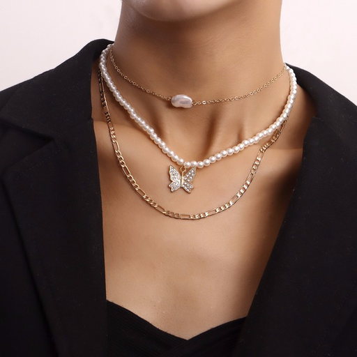 Wholesale multi-layer pearl butterfly pendant alloy necklaces JDC-NE-ZW033 necklaces JoyasDeChina Wholesale Jewelry JoyasDeChina Joyas De China