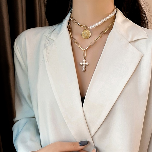 Bulk Jewelry Wholesale necklace multi-layered pearl cross JDC-NE-xc005 Wholesale factory from China YIWU China