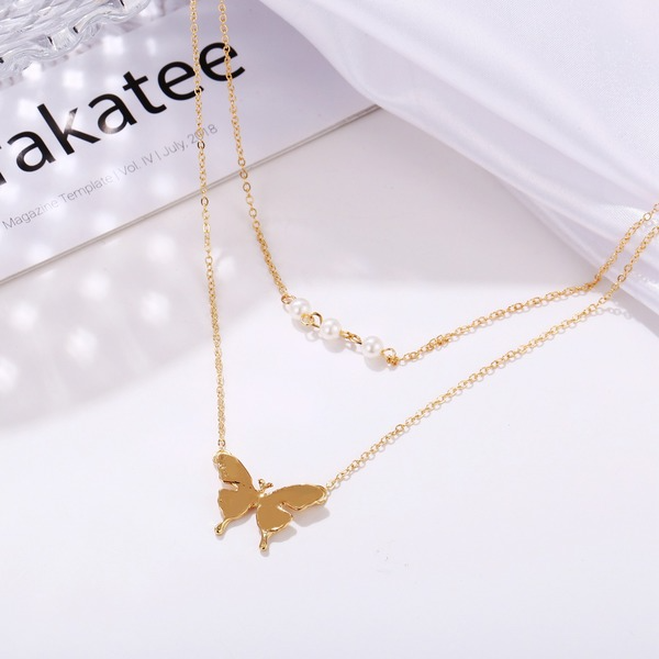 Bulk Jewelry Wholesale Necklaces gold Double imitation pearl butterfly Alloy JDC-NE-xy146 Wholesale factory from China YIWU China