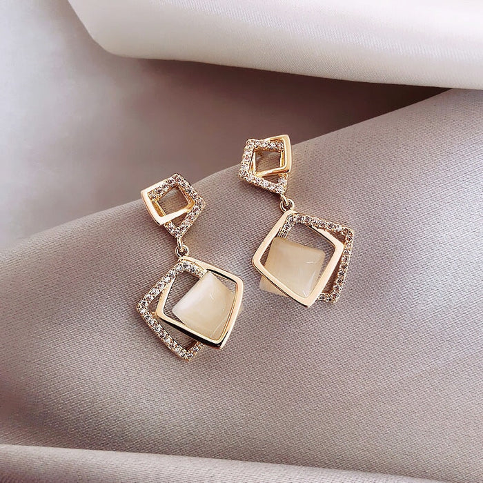 Wholesale opal geometric square diamond earrings JDC-ES-BY192 Earrings 宝钰 1 Wholesale Jewelry JoyasDeChina Joyas De China