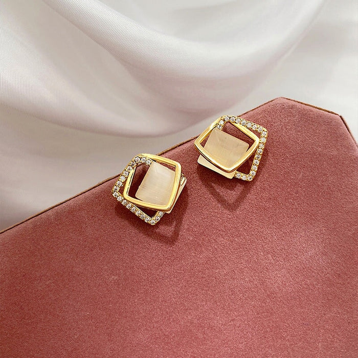 Wholesale opal geometric square diamond earrings JDC-ES-BY192 Earrings 宝钰 3 Wholesale Jewelry JoyasDeChina Joyas De China