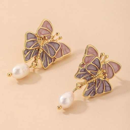 Wholesale pearl fuchsia alloy butterfly earrings JDC-ES-GSJQ009 Earrings JoyasDeChina Wholesale Jewelry JoyasDeChina Joyas De China