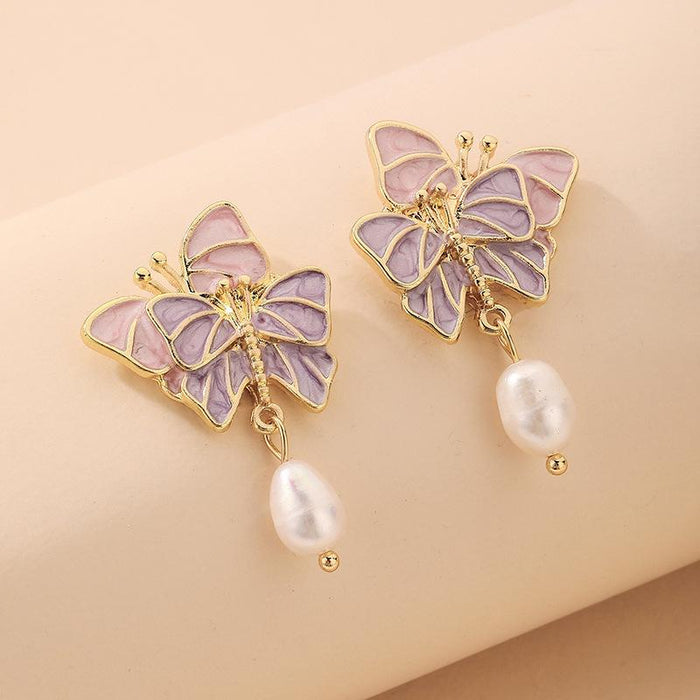 Wholesale pearl fuchsia alloy butterfly earrings JDC-ES-GSJQ009 Earrings JoyasDeChina fuchsia Wholesale Jewelry JoyasDeChina Joyas De China