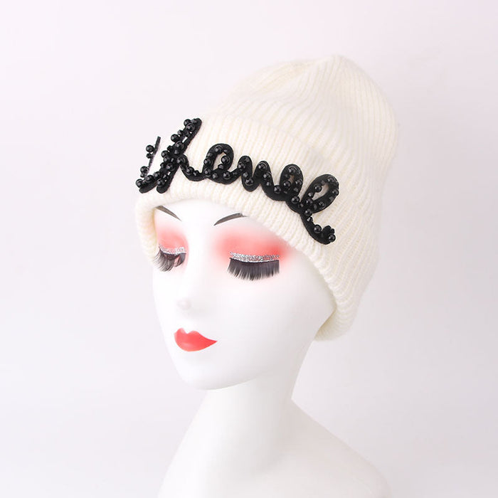 Wholesale pearl word wool knitted hat JDC-FH-GSYH056 FashionHat 予画 white Average code Wholesale Jewelry JoyasDeChina Joyas De China