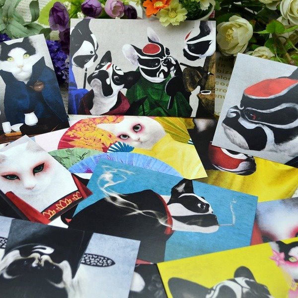 Wholesale Peking Opera Cats Dogs 300gsm Single Copper Card Postcard 15 Pieces/set MOQ≥5 JDC-GC-Hengm020 Greeting Card 恒美 Wholesale Jewelry JoyasDeChina Joyas De China