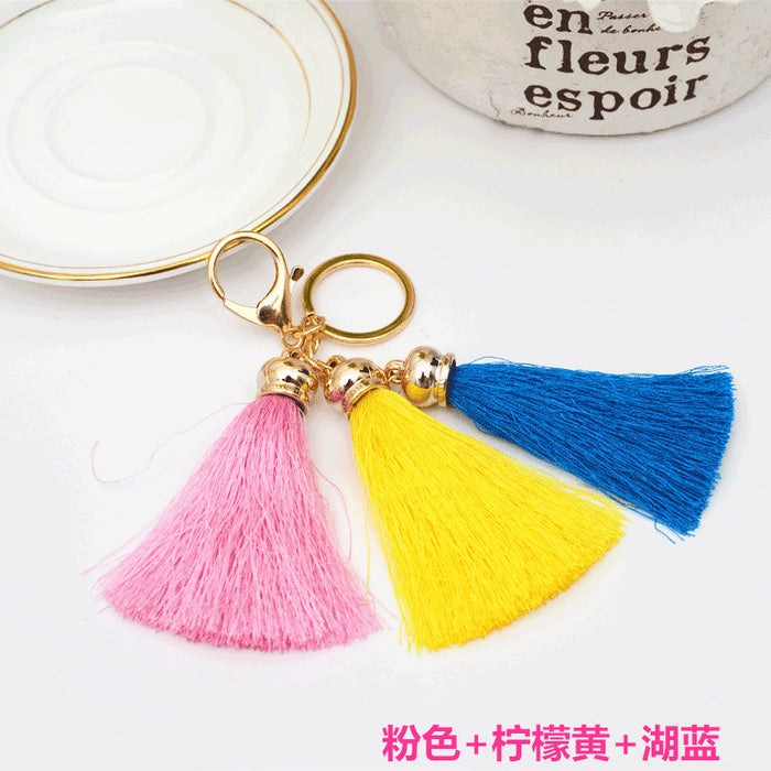 Wholesale pendant 3 head ice silk tasser key chain JDC-KC-LR101 keychains JoyasDeChina Pink+lemon yellow+lake blue Wholesale Jewelry JoyasDeChina Joyas De China