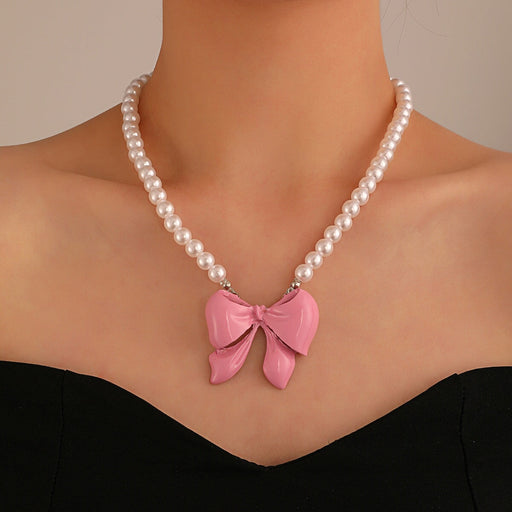 Wholesale Pink Bow Pearl Alloy Necklace JDC-NE-A106 Necklaces 妙雅 Wholesale Jewelry JoyasDeChina Joyas De China