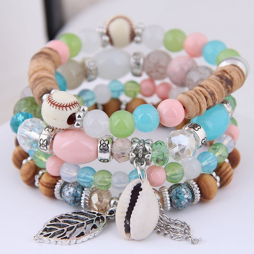 Bulk Jewelry Wholesale plastic multilayer elastic beaded leaves shell wooden beads bracelet JDC-BT-XINY054 Wholesale factory from China YIWU China