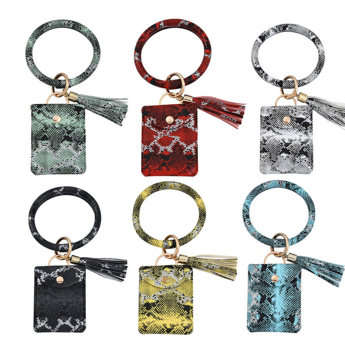 Wholesale PU Bracelet Leather Tassel Snake Print Card Holder Keychain JDC-KC-CaiC001 Keychains 彩澈 Wholesale Jewelry JoyasDeChina Joyas De China