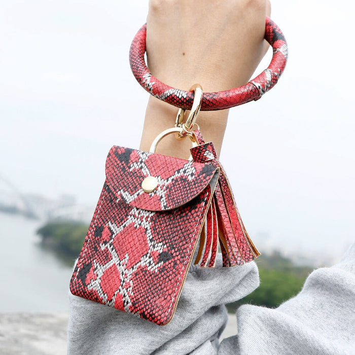 Wholesale PU Bracelet Leather Tassel Snake Print Card Holder Keychain JDC-KC-CaiC001 Keychains 彩澈 Wholesale Jewelry JoyasDeChina Joyas De China