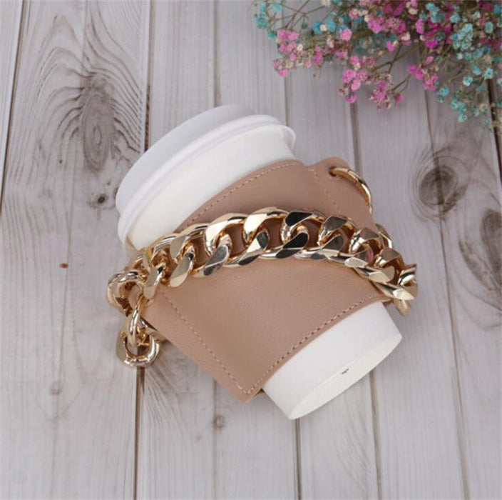 Wholesale PU Leather Coffee Cup Detachable Chain Cup Holder JDC-CUP-YouZ001 Cup Holder 悠智 Apricot Golden Chain Wholesale Jewelry JoyasDeChina Joyas De China