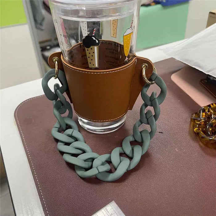 Wholesale PU Leather Coffee Cup Detachable Chain Cup Holder JDC-CUP-YouZ001 Cup Holder 悠智 Brown green color chain Wholesale Jewelry JoyasDeChina Joyas De China