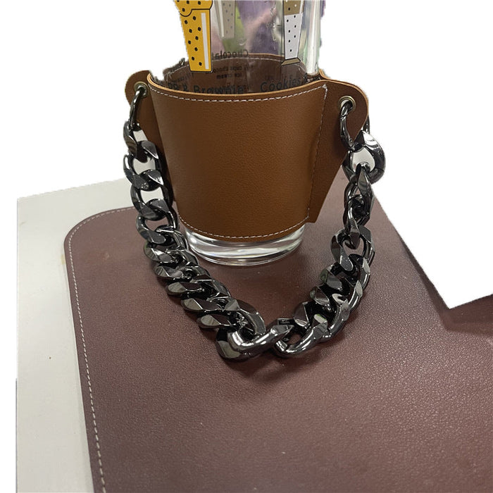 Wholesale PU Leather Coffee Cup Detachable Chain Cup Holder JDC-CUP-YouZ001 Cup Holder 悠智 Brown iron chains Wholesale Jewelry JoyasDeChina Joyas De China