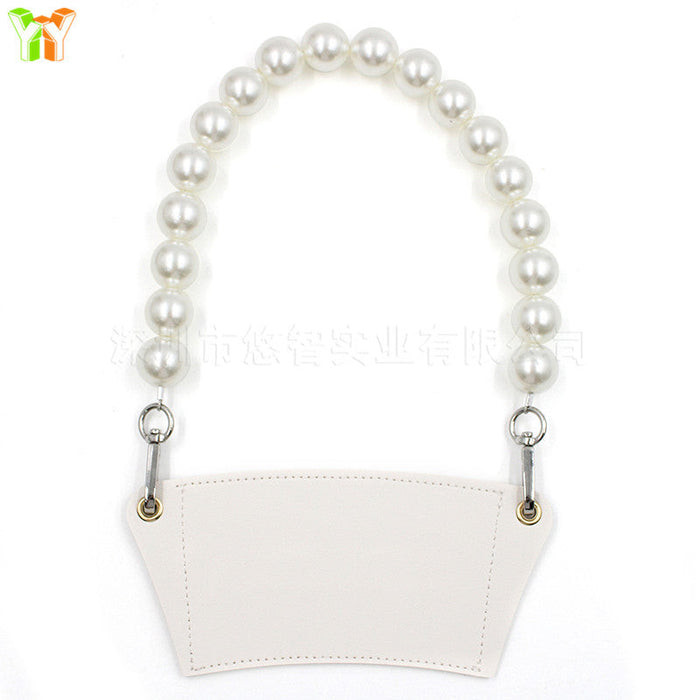 Wholesale PU Leather Coffee Cup Detachable Chain Cup Holder JDC-CUP-YouZ001 Cup Holder 悠智 White pearl chain Wholesale Jewelry JoyasDeChina Joyas De China
