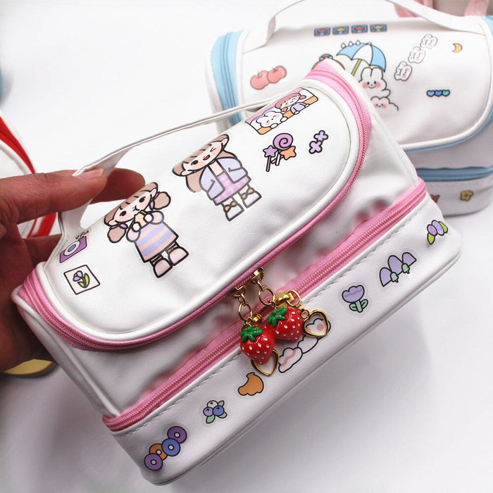 Wholesale PU Leather Double Layer Portable Cosmetic Bag Storage Bag JDC-CB-Donglej001 Cosmetic bag 东津 pink Wholesale Jewelry JoyasDeChina Joyas De China