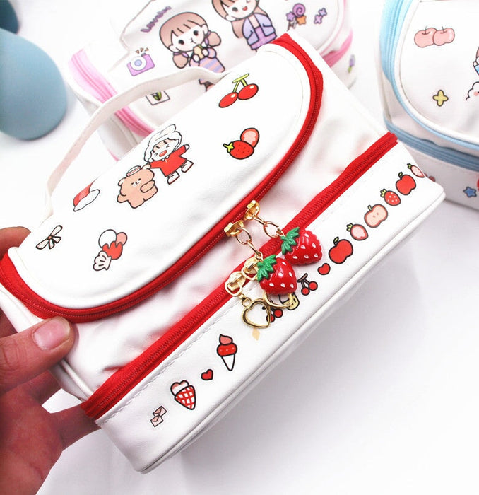 Wholesale PU Leather Double Layer Portable Cosmetic Bag Storage Bag JDC-CB-Donglej001 Cosmetic bag 东津 red Wholesale Jewelry JoyasDeChina Joyas De China
