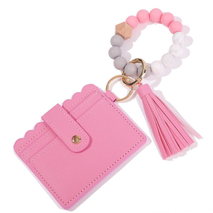 Wholesale PU Leather Silicone Beaded Tassel Card Holder Keychain JDC-KC-JinHan002 Keychains 金涵 Wholesale Jewelry JoyasDeChina Joyas De China