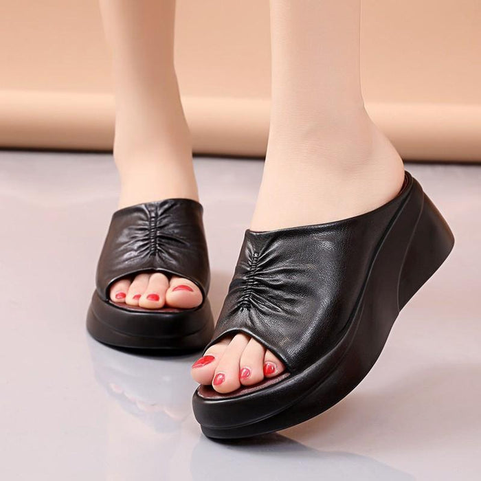 Bulk Jewelry Wholesale PU solid-colored pleated fish mouth thick-soled slope heel slippers JDC-SP-GQ059 Wholesale factory from China YIWU China
