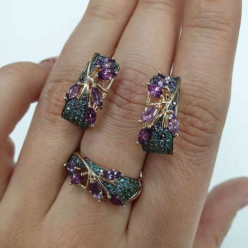 Wholesale Purple Crystal Zircon Metal Rings Earrings Set JDC-RS-WN-071 Rings 薇妮 Wholesale Jewelry JoyasDeChina Joyas De China