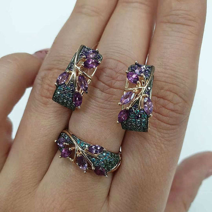 Wholesale Purple Crystal Zircon Metal Rings Earrings Set JDC-RS-WN-071 Rings 薇妮 ring+earrings No.6 Wholesale Jewelry JoyasDeChina Joyas De China