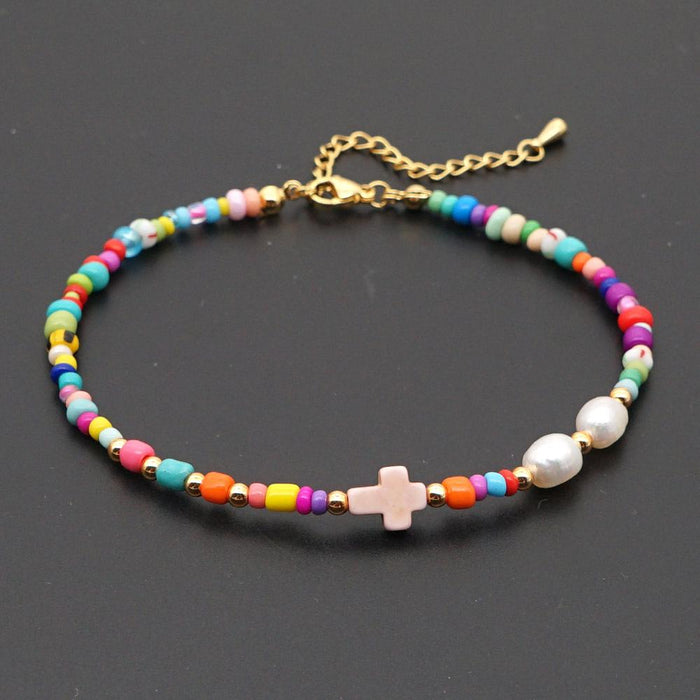 Bulk Jewelry Wholesale Rainbow Rice Beads Cross Baroque Natural Freshwater Pearl Anklet JDC-gbh262 Wholesale factory from China YIWU China