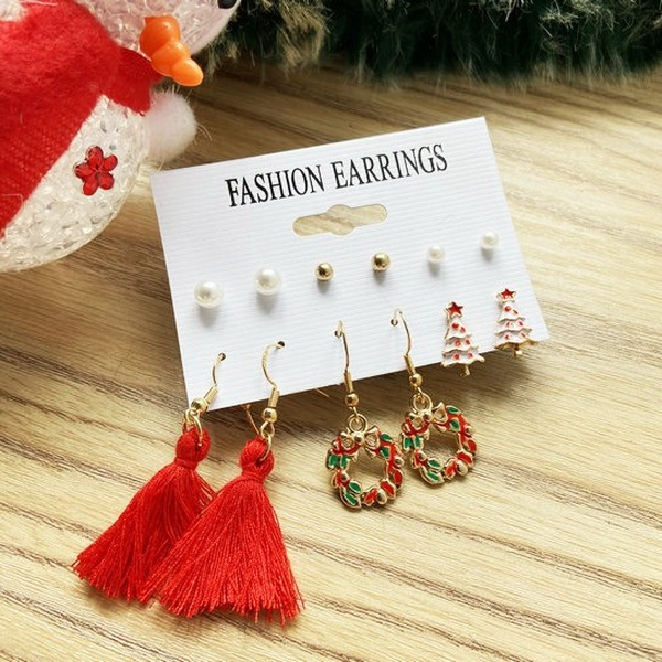 Bulk Jewelry Wholesale red alloy Christmas pearl tassel stud set 6 pairs JDC-ES-F337 Wholesale factory from China YIWU China