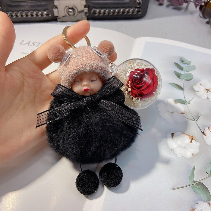 Wholesale red rex rabbit fur soft cute doll Pom Pom Keychain JDC-KC-LX046 Keychains 恋希 Black+Flowers Wholesale Jewelry JoyasDeChina Joyas De China