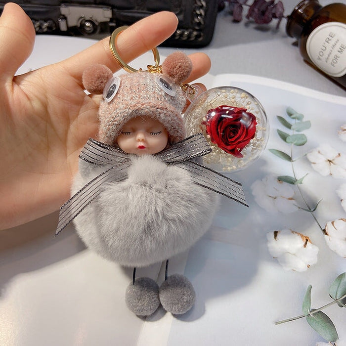 Wholesale red rex rabbit fur soft cute doll Pom Pom Keychain JDC-KC-LX046 Keychains 恋希 Grey+Flowers Wholesale Jewelry JoyasDeChina Joyas De China