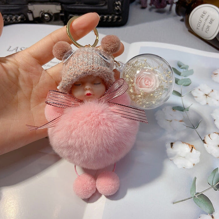 Wholesale red rex rabbit fur soft cute doll Pom Pom Keychain JDC-KC-LX046 Keychains 恋希 Pink+Flowers Wholesale Jewelry JoyasDeChina Joyas De China