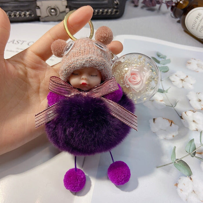 Wholesale red rex rabbit fur soft cute doll Pom Pom Keychain JDC-KC-LX046 Keychains 恋希 Purple+flower Wholesale Jewelry JoyasDeChina Joyas De China
