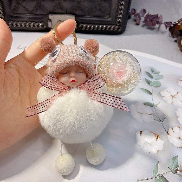 Wholesale red rex rabbit fur soft cute doll Pom Pom Keychain JDC-KC-LX046 Keychains 恋希 White+Flowers Wholesale Jewelry JoyasDeChina Joyas De China